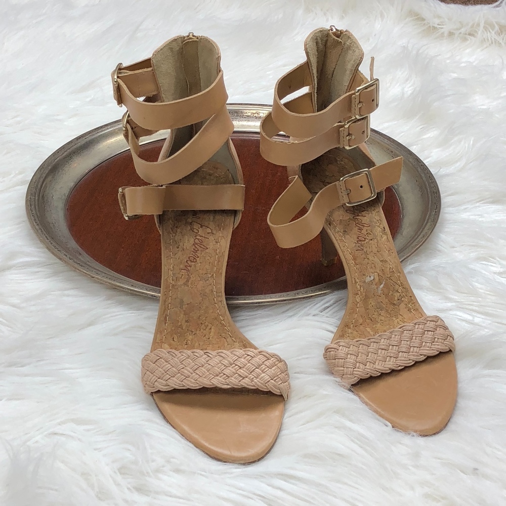 Sam Edelman Nude Tan Braided Strap Ankle Buckle Heels